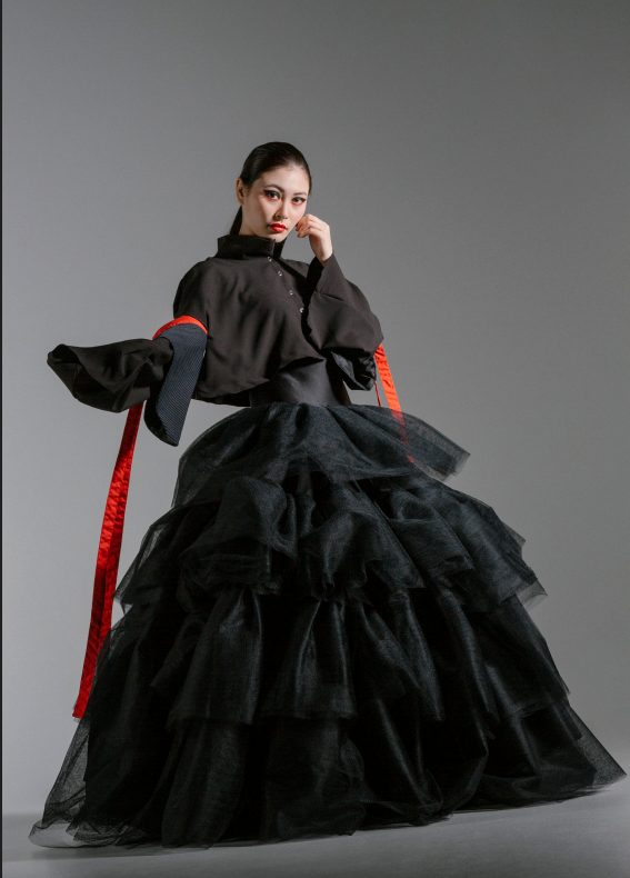 Black layered tulle gown with red ribbons, Kimetsu